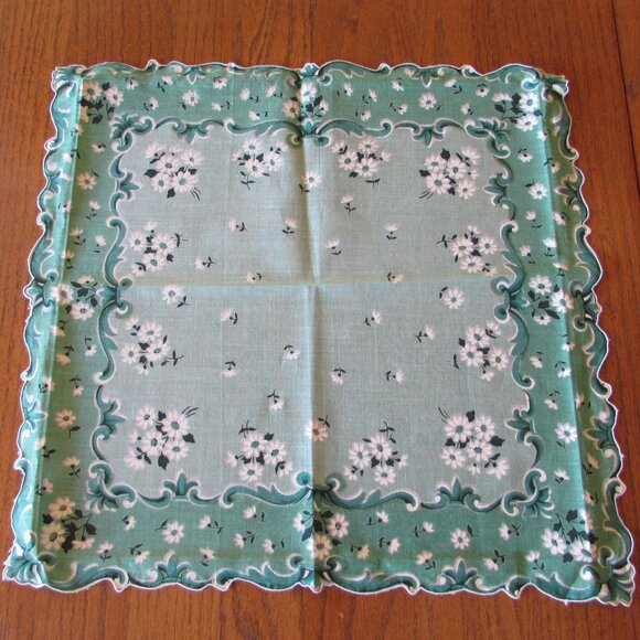 Vintage Accessories - *4/$10*  Vintage Green & White Floral Scalloped Edge Handkerchief 13.5" squared
